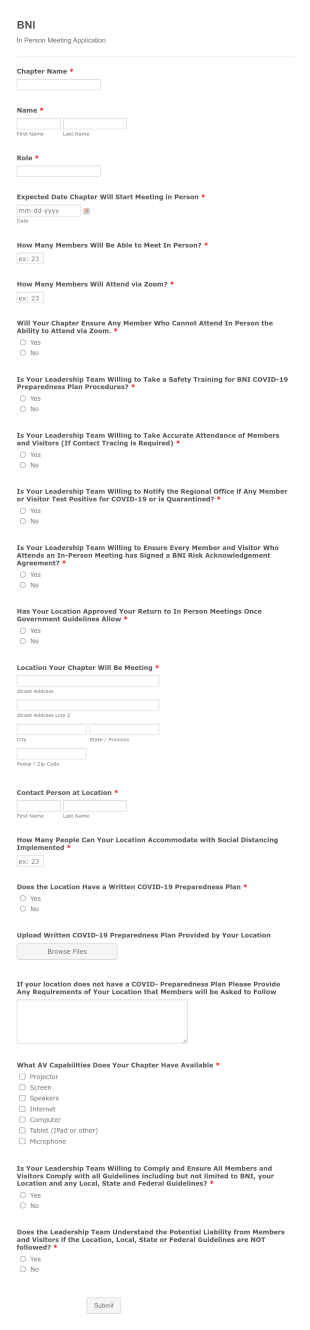 BNI In Person Meeting Application Form Template