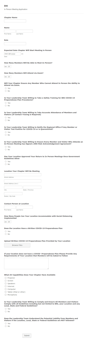 BNI In Person Meeting Application Form Template