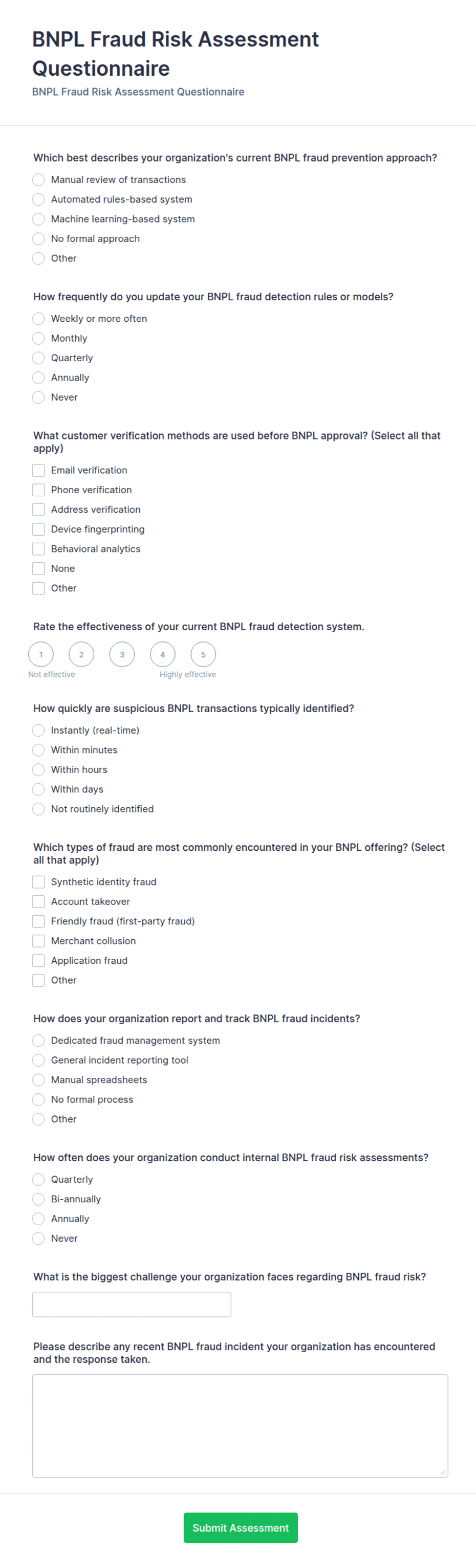 BNPL Fraud Risk Assessment Questionnaire Form Template | Jotform
