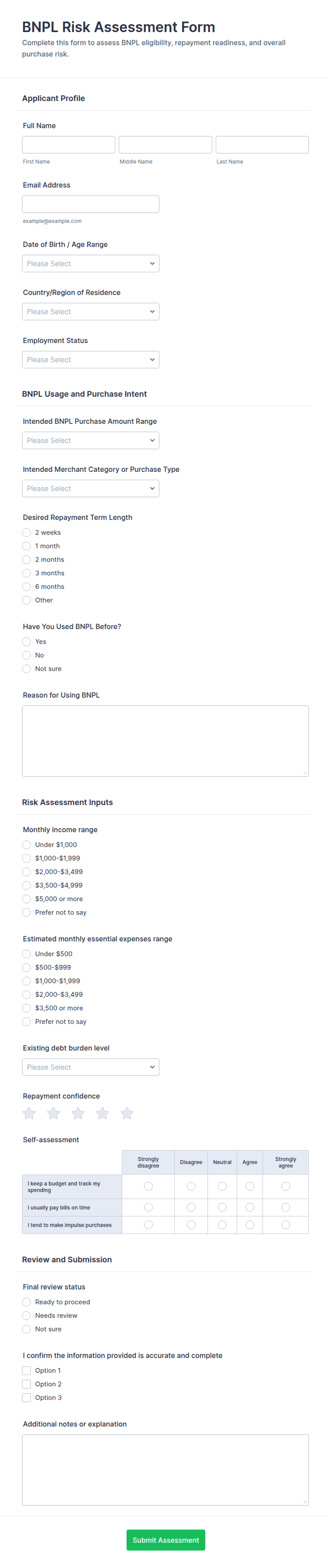 BNPL Risk Assessment Form Template | Jotform