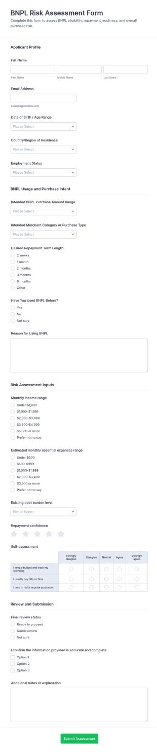 BNPL Risk Assessment Form Template