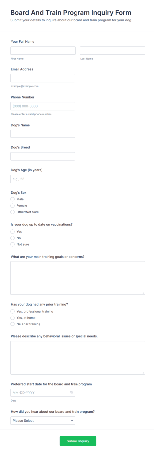 Board And Train Program Inquiry Form Template