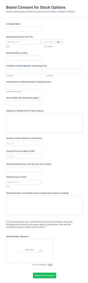 Board Consent For Stock Options Form Template