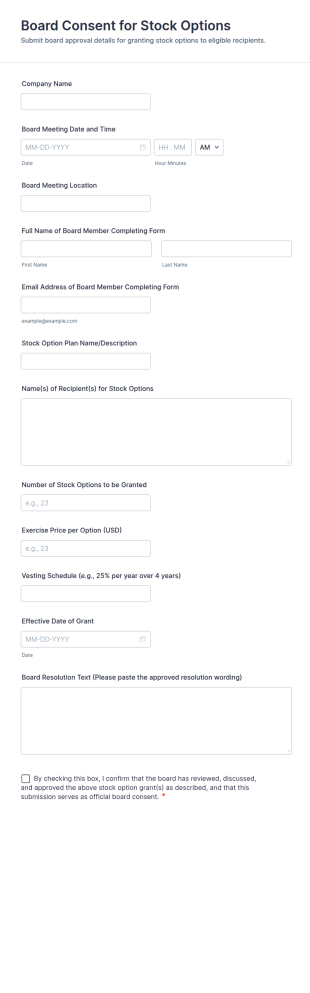 Board Consent For Stock Options Form Template