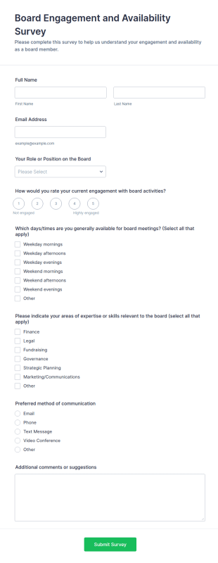 Board Engagement And Availability Survey Form Template