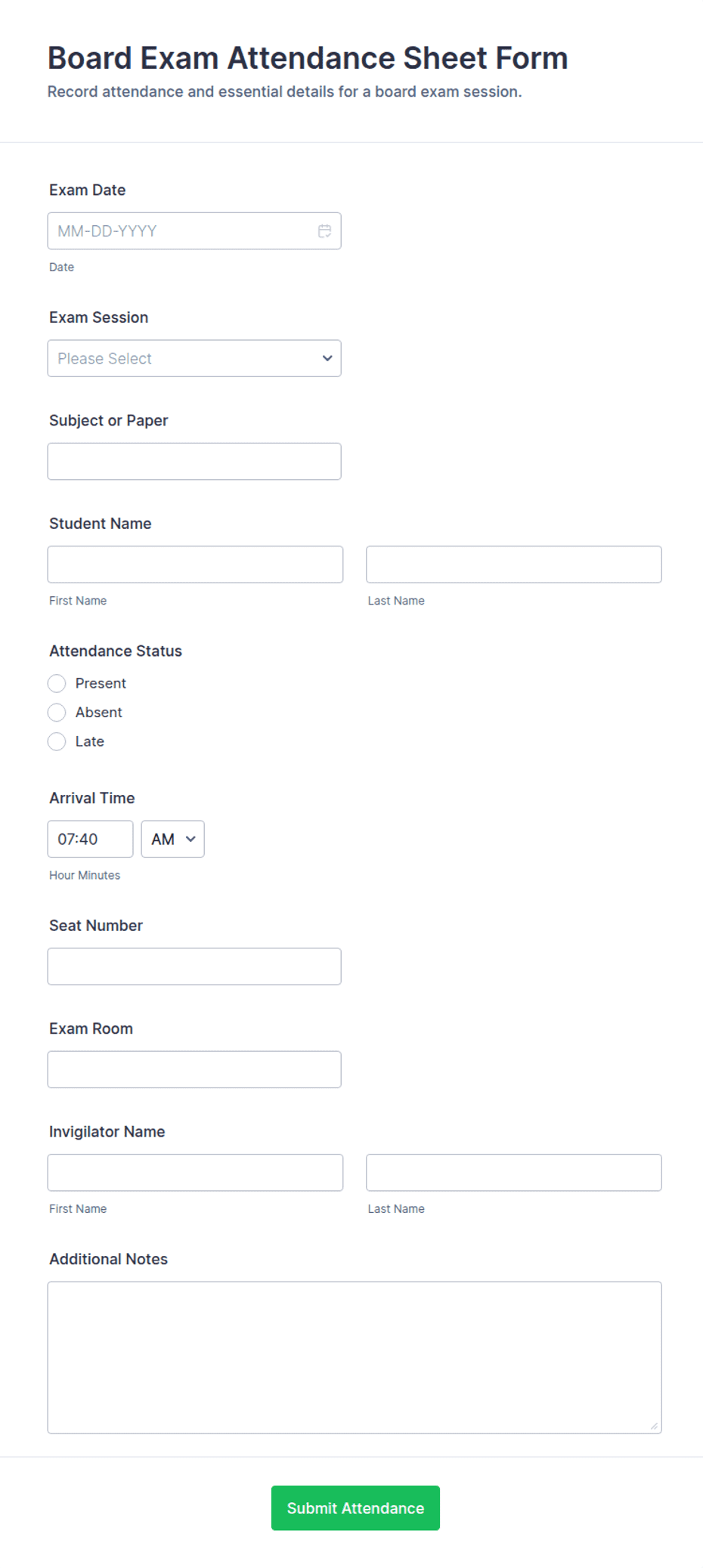 Board Exam Attendance Sheet Form Template | Jotform