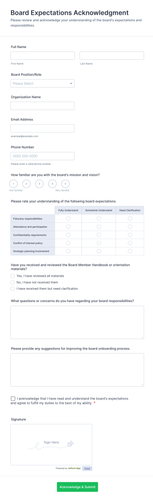 Board Expectations Acknowledgment Form Template