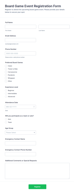 Board Game Event Registration Form Template