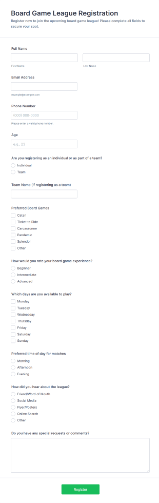 Board Game League Registration Form Template
