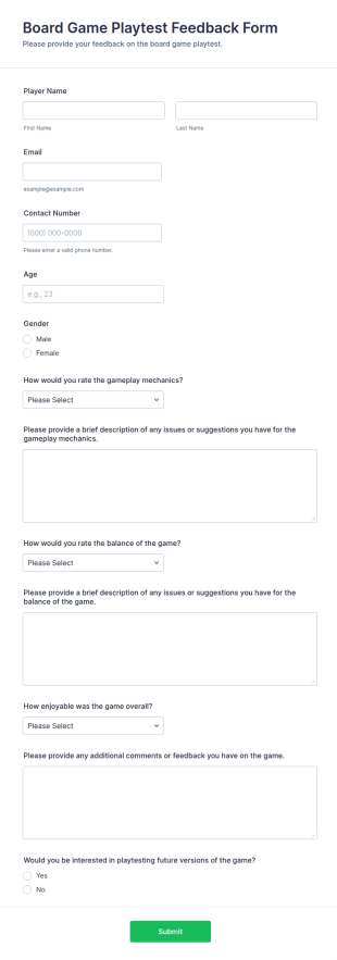 Board Game Playtest Feedback Form Template