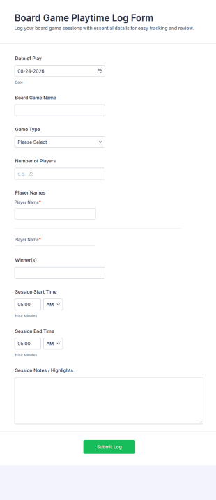 Board Game Playtime Log Form Template