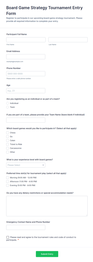 Board Game Strategy Tournament Entry Form Template