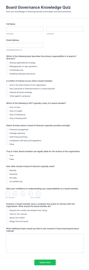 Board Governance Knowledge Quiz Form Template