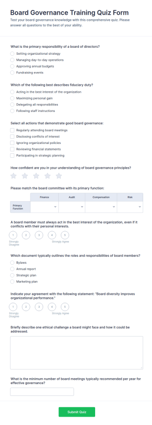 Board Governance Training Quiz Form Template