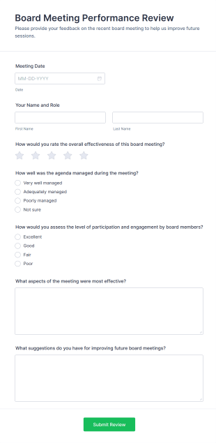 Board Meeting Performance Review Form Template