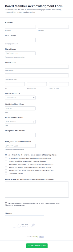Board Member Acknowledgment Form Template