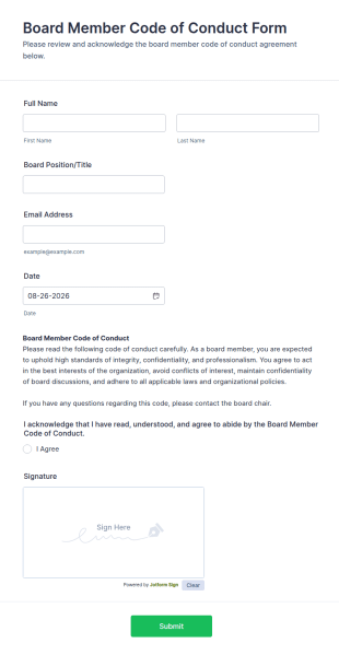 Board Member Code Of Conduct Agreement Form Template