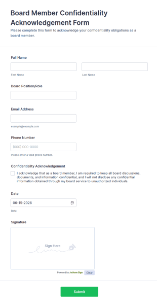 Board Member Confidentiality Acknowledgement Form Template