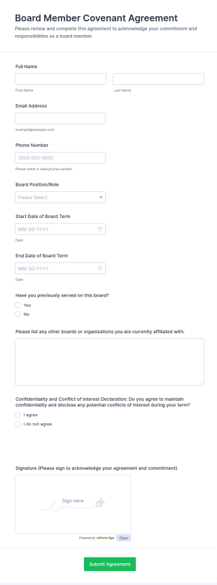 Board Member Covenant Agreement Form Template