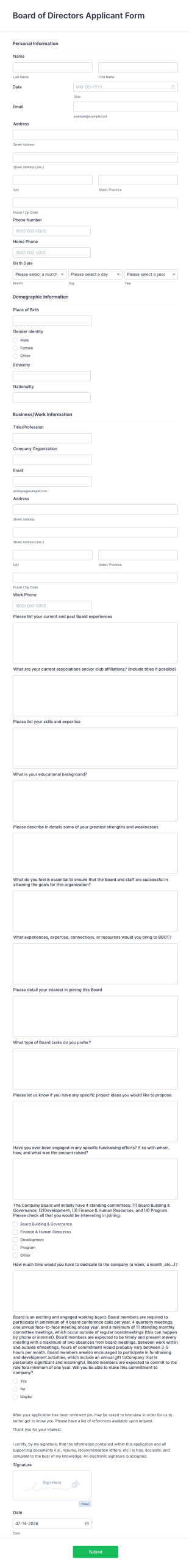 Board Of Directors Application Form Template