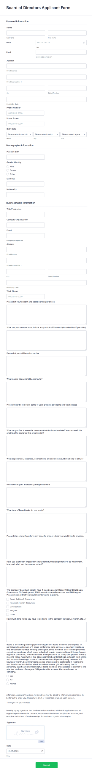 Board Of Directors Application Form Template