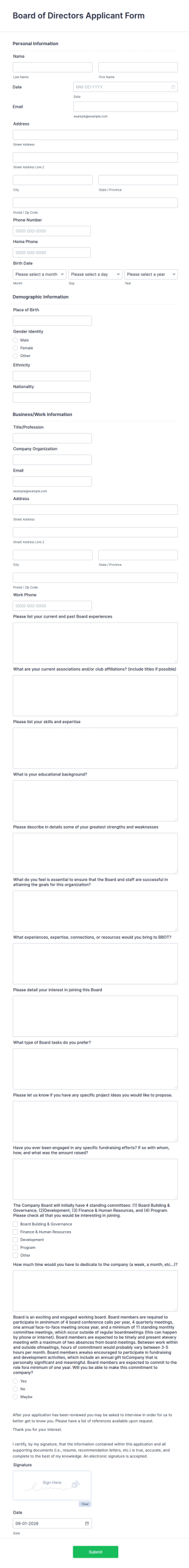 Board Of Directors Application Form Template