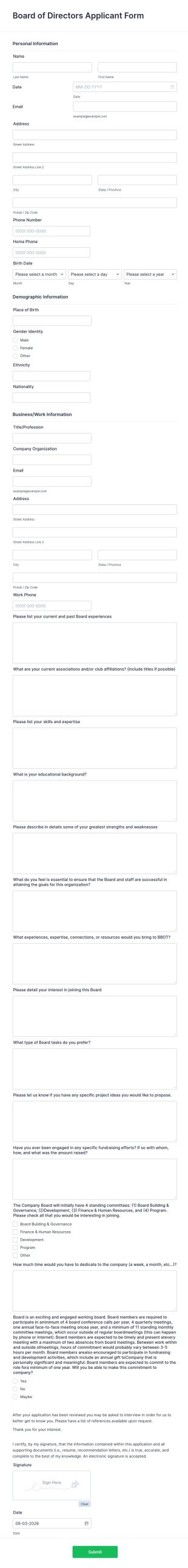 Board Of Directors Application Form Template