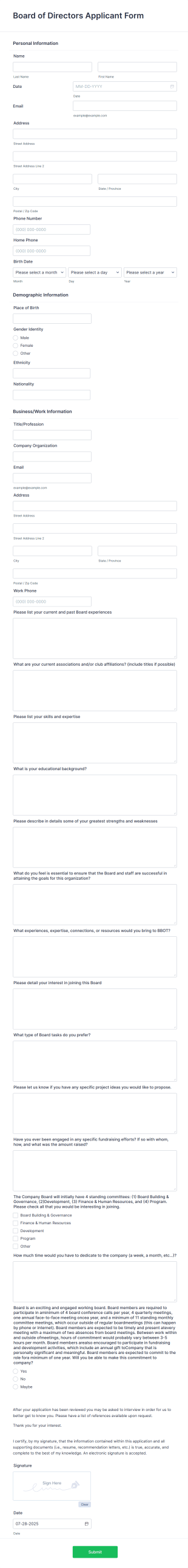 Board Of Directors Application Form Template