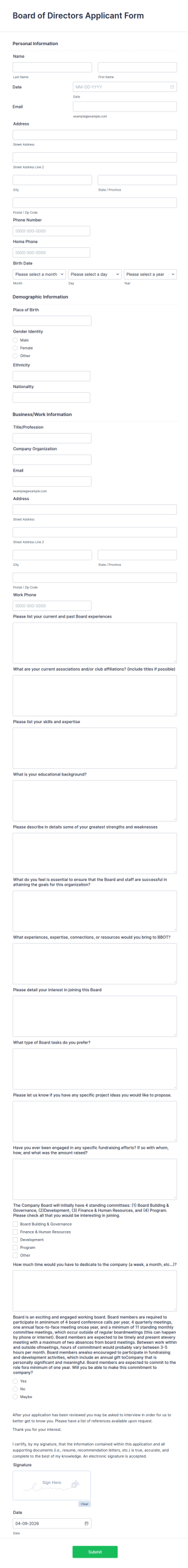 Board Of Directors Application Form Template