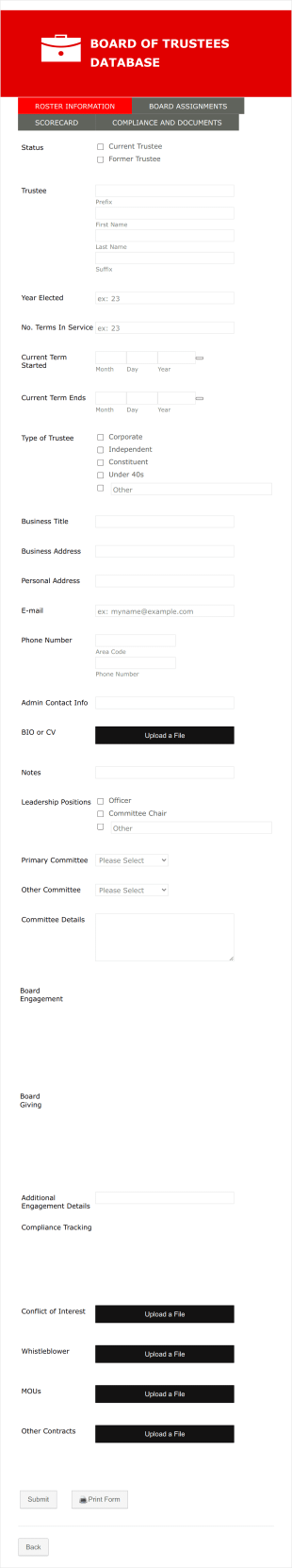 Board Of Trustees Database Entry Form Template