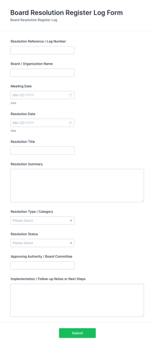 Board Resolution Register Log Form Template
