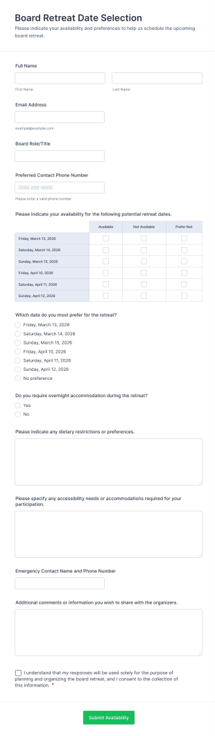 Board Retreat Date Selection Form Template