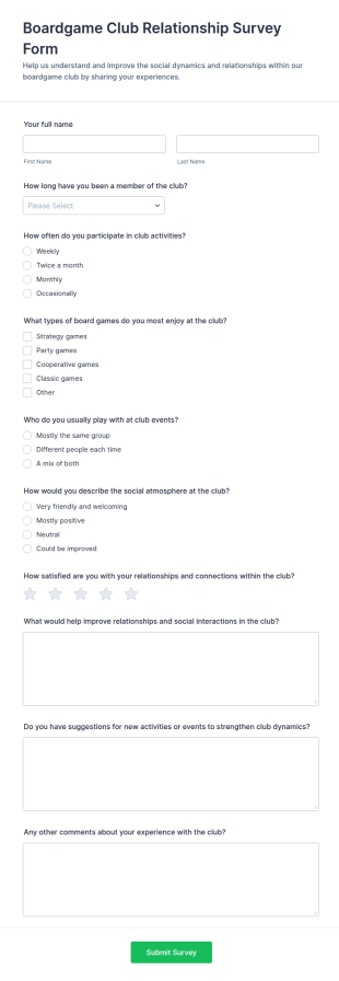 Boardgame Club Relationship Survey Form Template