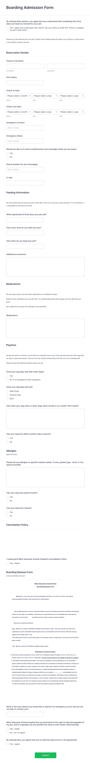 Pet Boarding Check In Form Template