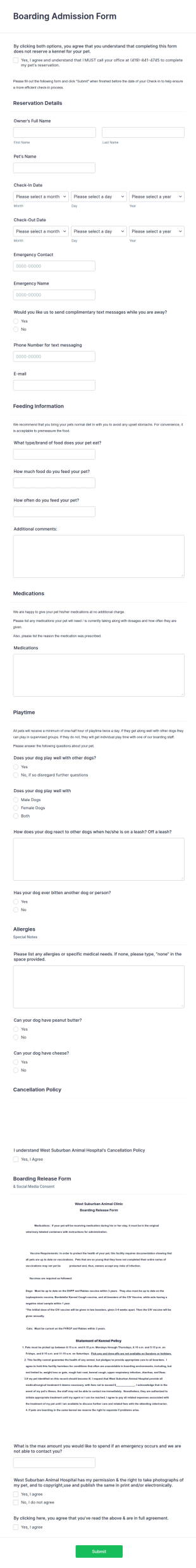 Pet Boarding Check In Form Template