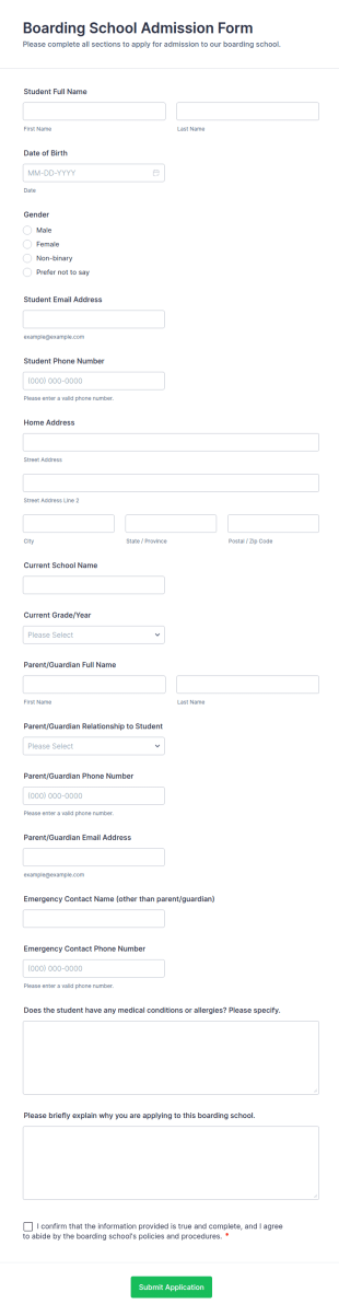 Boarding School Admission Form Template