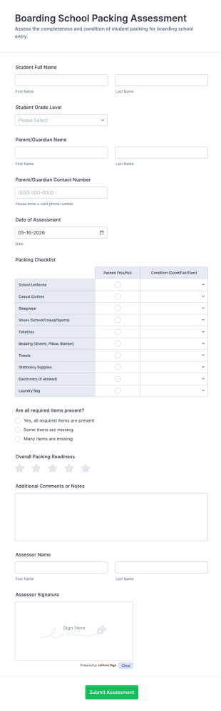 Boarding School Packing Assessment Form Template
