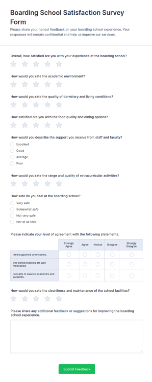 Boarding School Satisfaction Survey Form Template