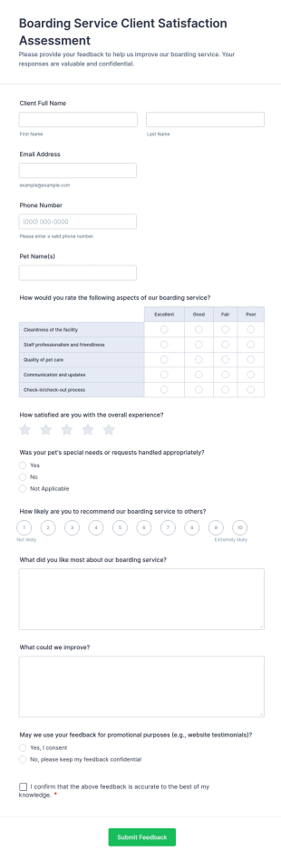 Boarding Service Client Satisfaction Assessment Form Template