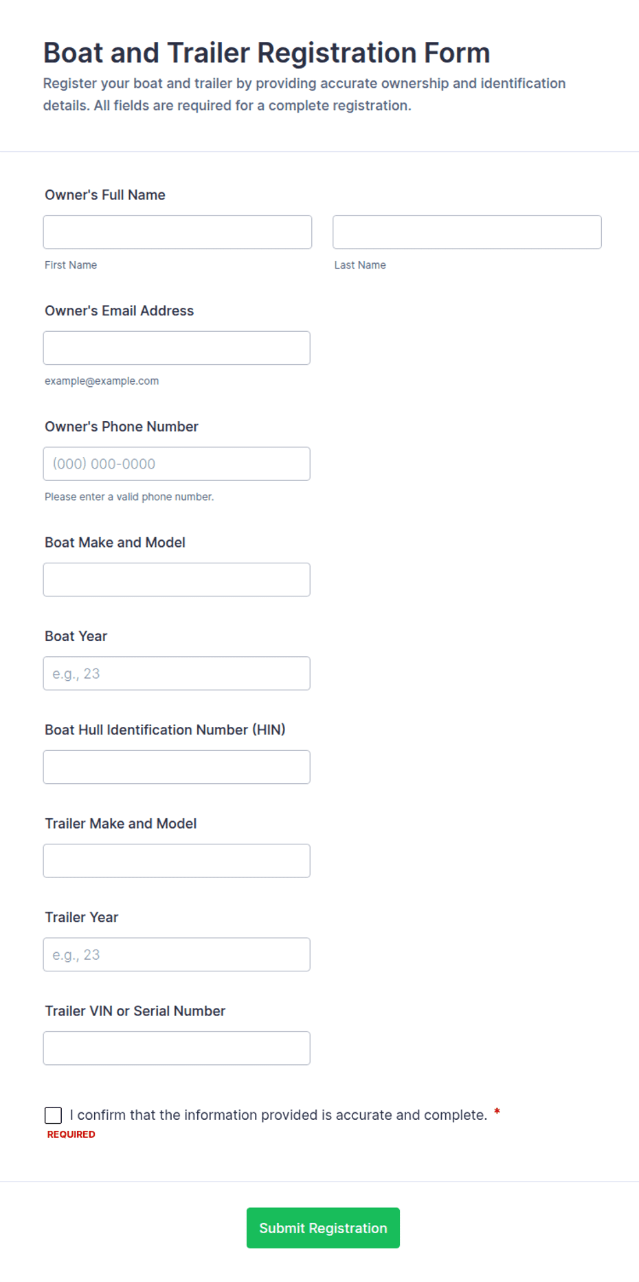 Boat and Trailer Registration Form Template | Jotform