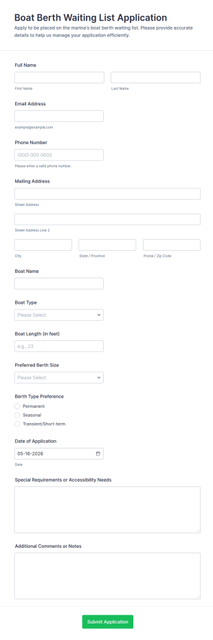 Boat Berth Waiting List Form Template