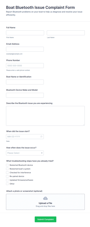 Boat Bluetooth Issue Complaint Form Template