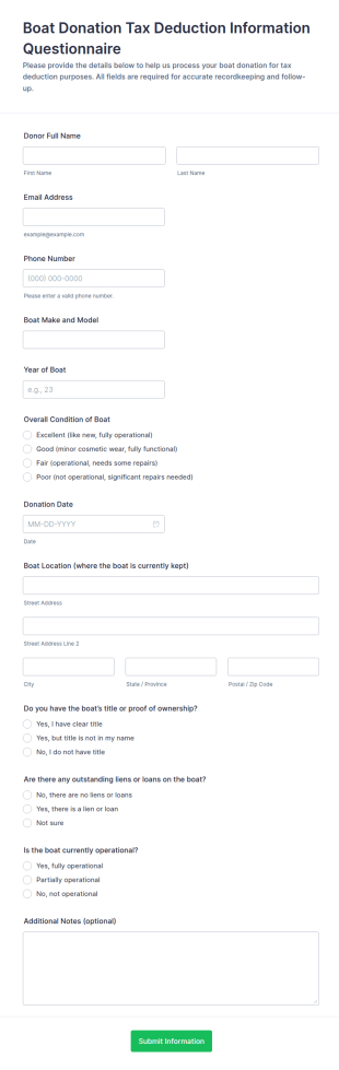 Boat Donation Tax Deduction Information Questionnaire Form Template