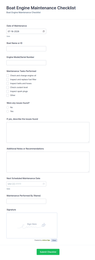 Boat Engine Maintenance Checklist Form Template