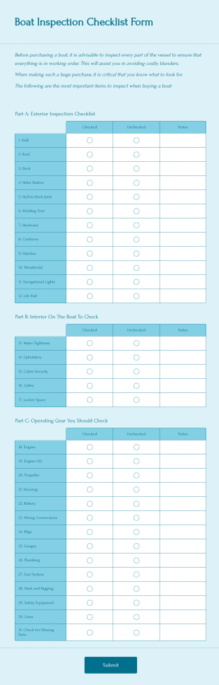 Boat Inspection Checklist Form Template