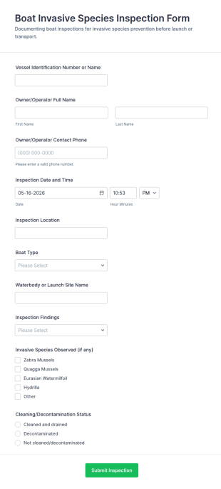 Boat Invasive Species Inspection Form Template