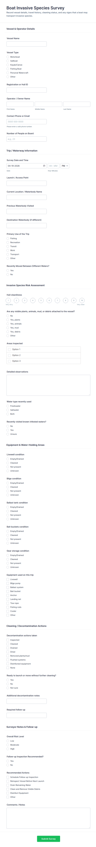 Boat Invasive Species Survey Form Template