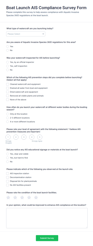 Boat Launch AIS Compliance Survey Form Template