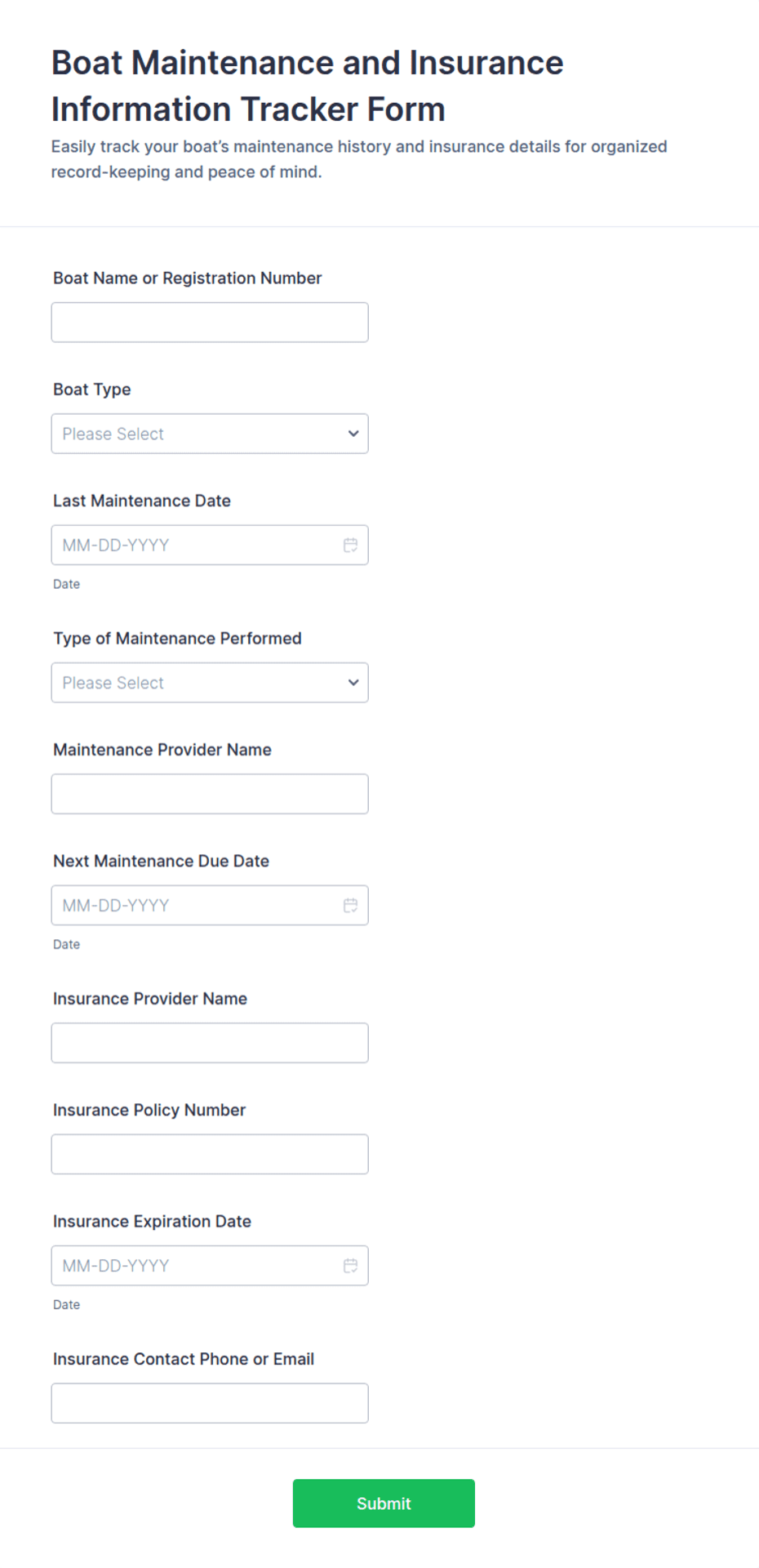 Boat Maintenance and Insurance Information Tracker Form Template | Jotform
