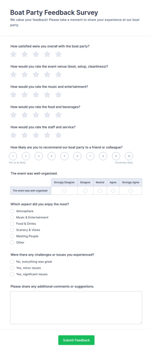 Boat Party Feedback Survey Form Template
